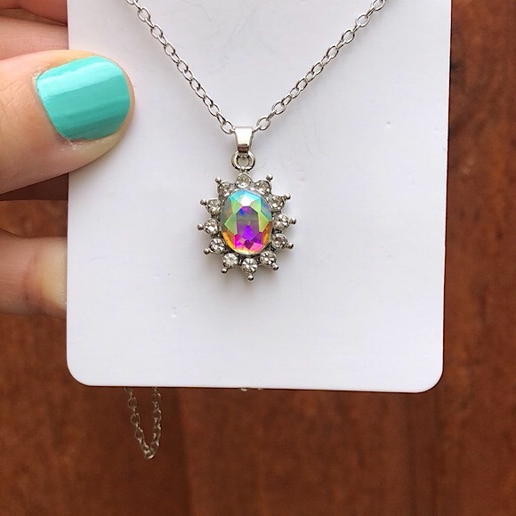 Aurora Borealis Crystal Halo Drop Necklace - Picture 6 of 9